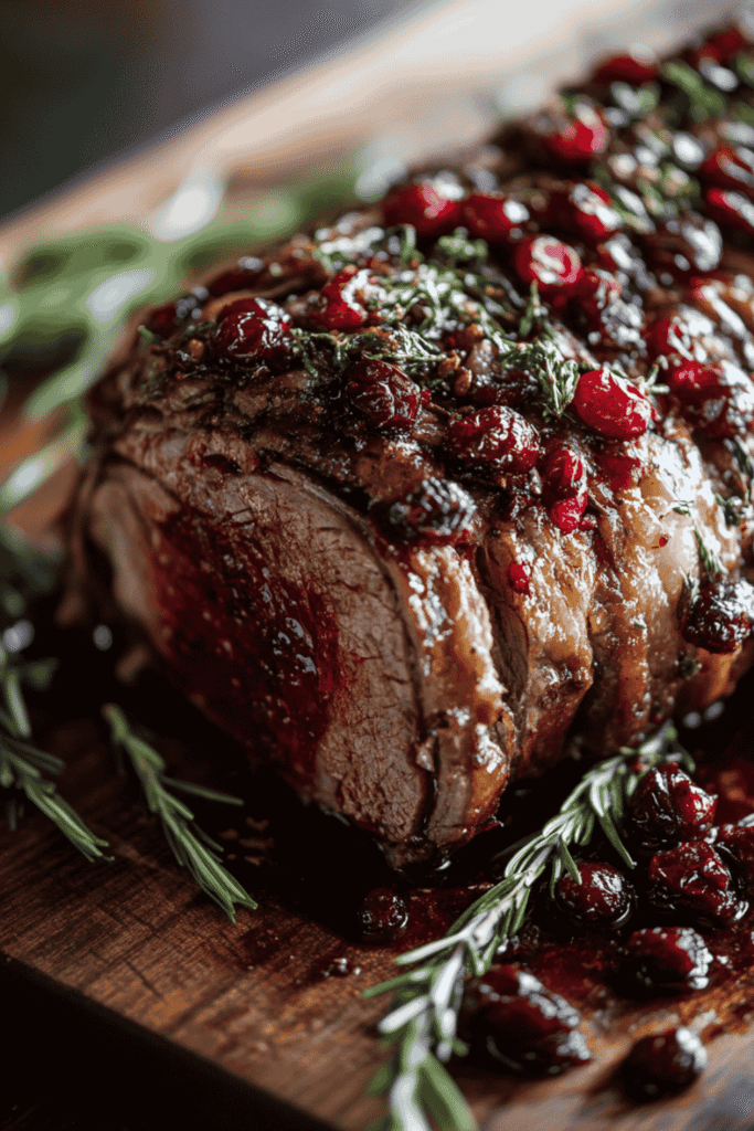Sliced pork loin topped with fruit