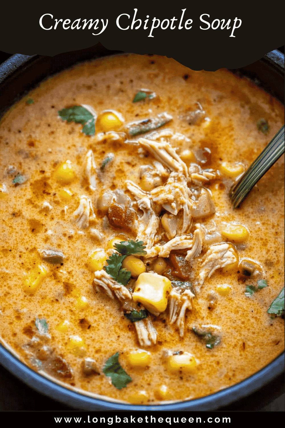 Overhead view of creamy chipotle soup in pot