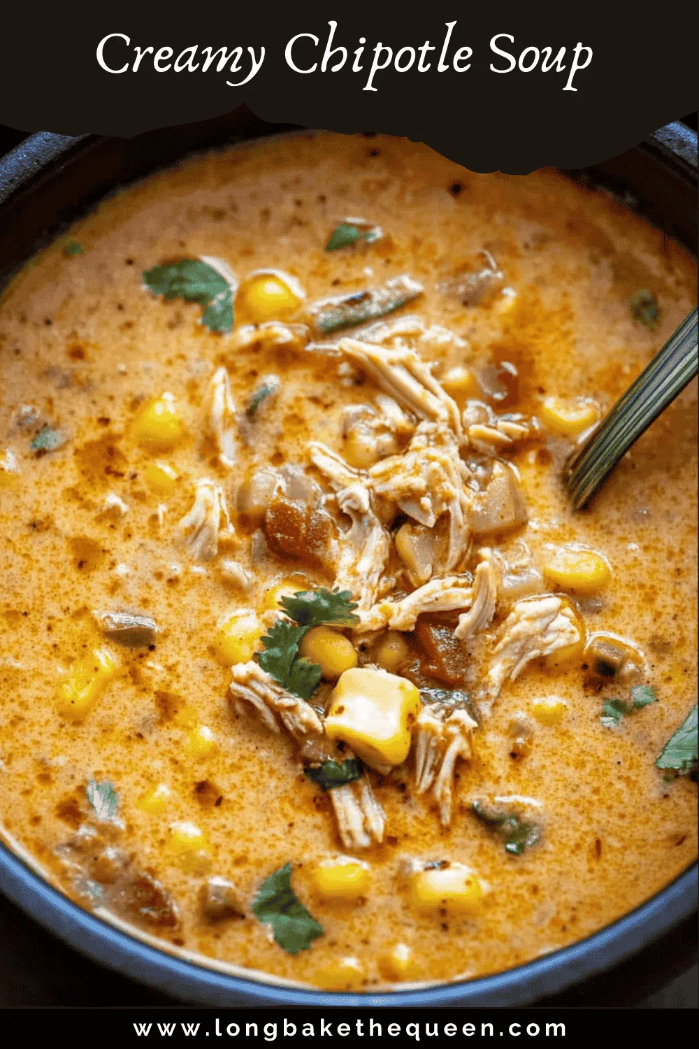 Overhead view of creamy chipotle soup in pot