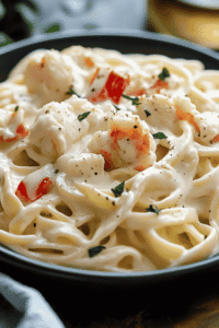 Creamy seafood pasta close-up