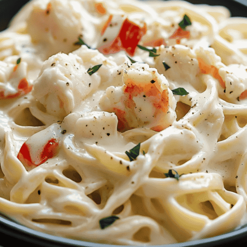 Creamy seafood pasta close-up