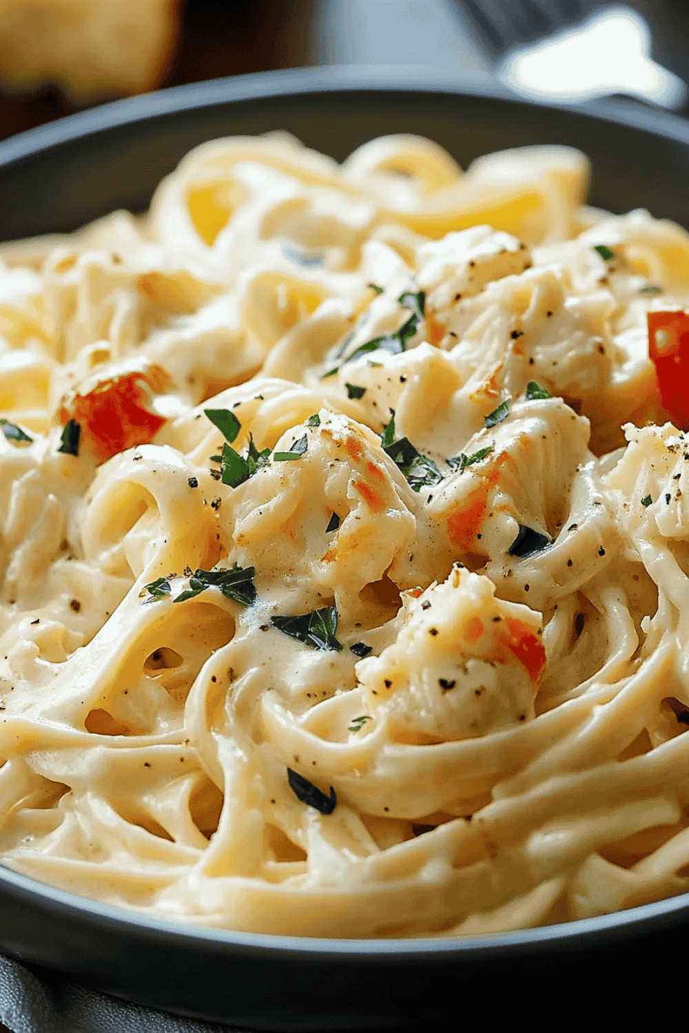 Crab Alfredo pasta with parsley garnish