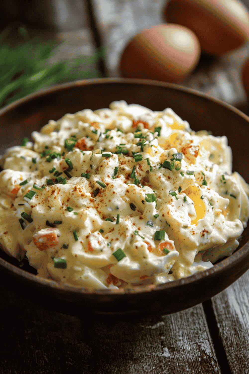 Hand mixing pasta into deviled egg dressing in a bowl