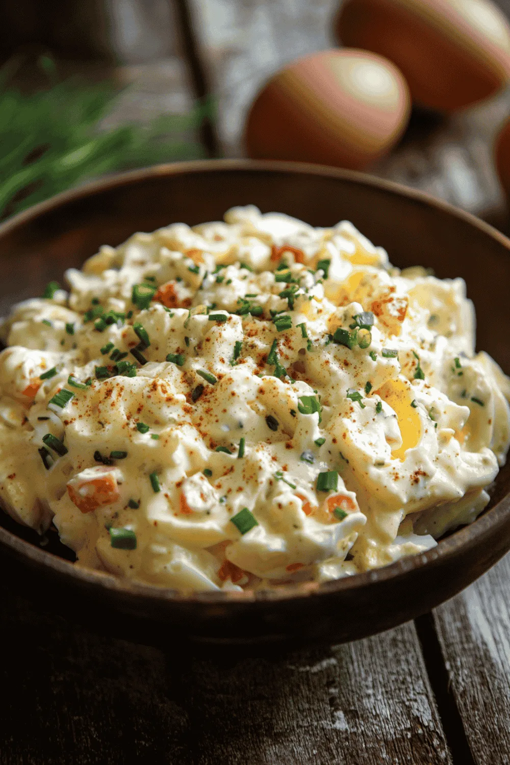 Hand mixing pasta into deviled egg dressing in a bowl