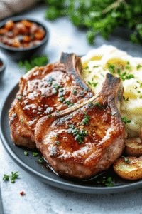 Southern-style pork chop plated with mashed potatoes