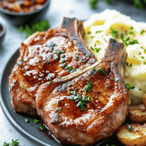 Southern-style pork chop plated with mashed potatoes