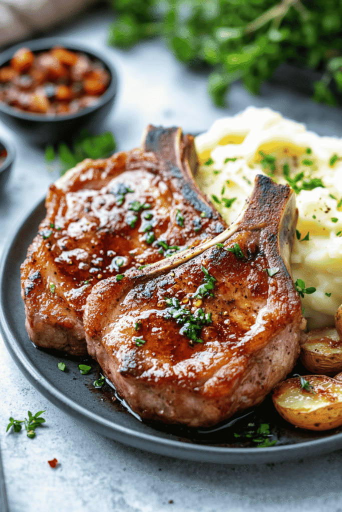 Southern-style pork chop plated with mashed potatoes