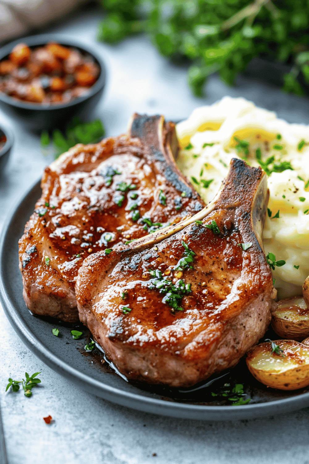 Southern-style pork chop plated with mashed potatoes