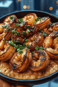 Spicy shrimp rice bowl topped with chili lime sauce