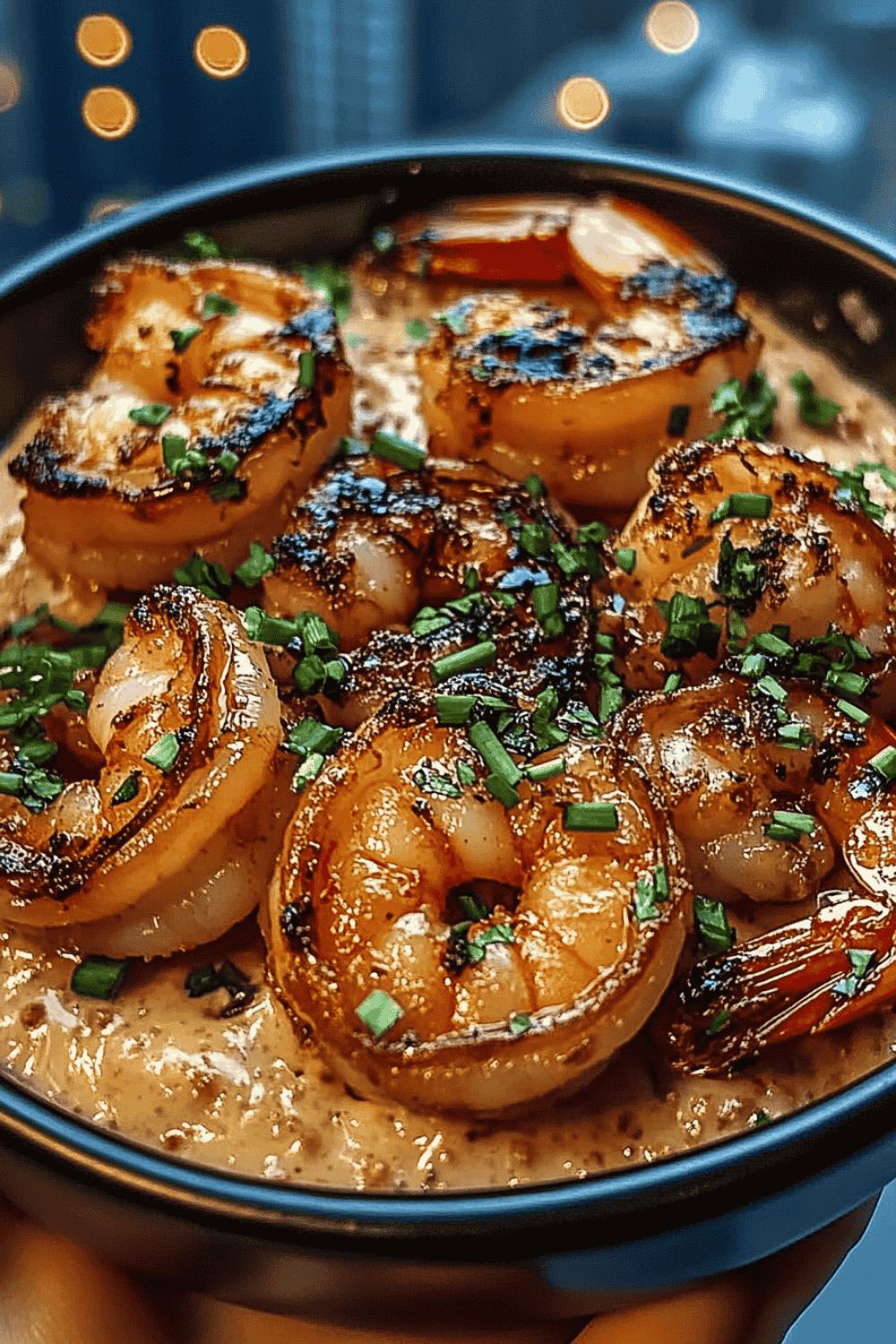 Skillet of cooked garlic shrimp being garnished with sesame seeds