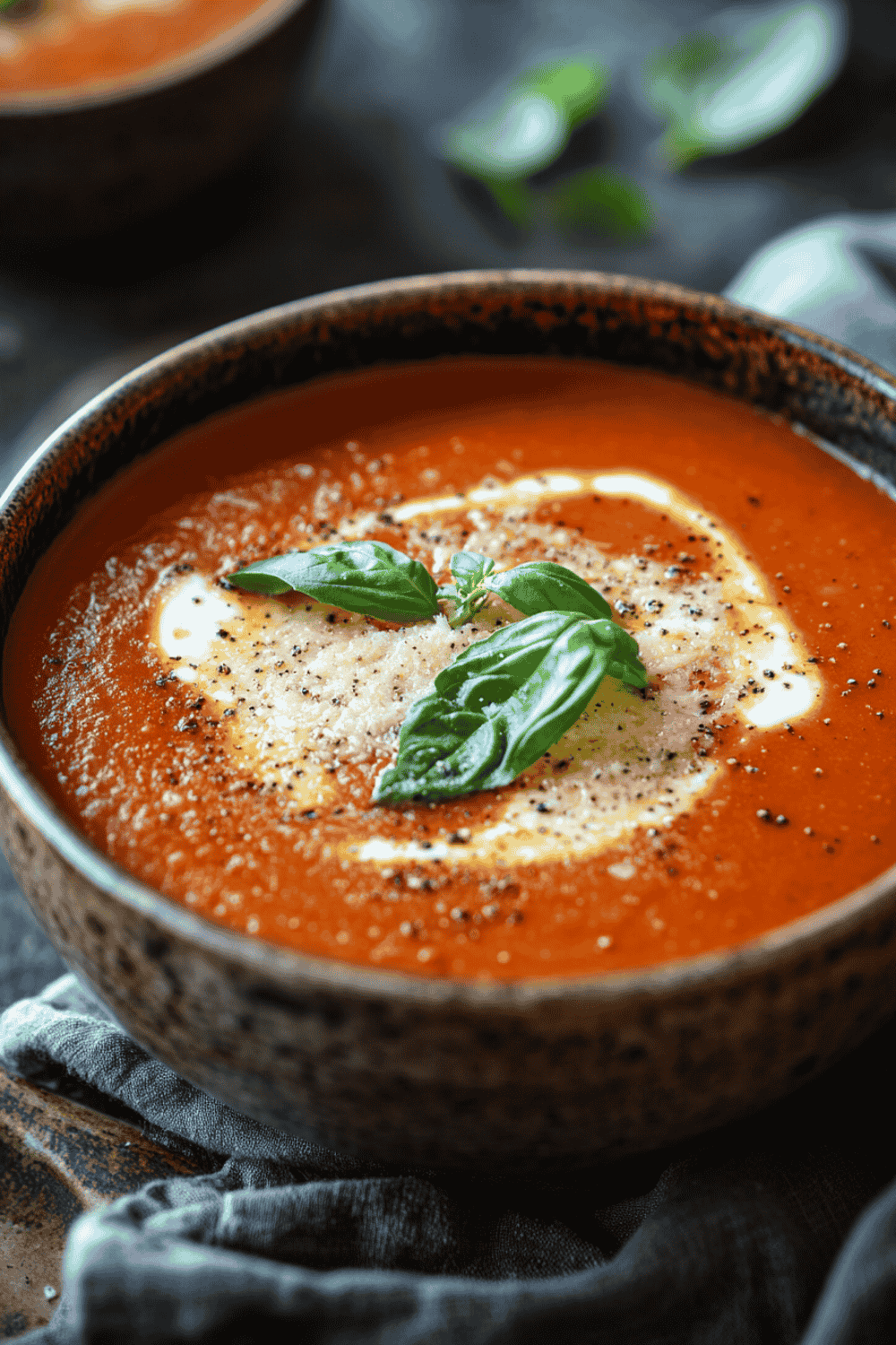 Close-up of creamy tomato soup in a white bowl