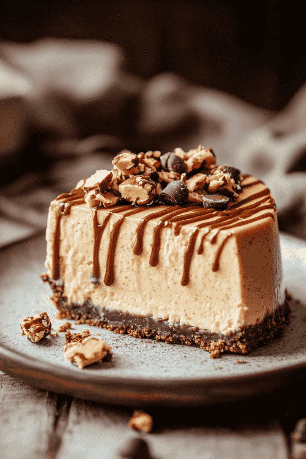 Slice of peanut butter cheesecake on white plate