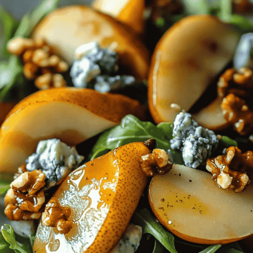 close‑up pear and cheese layer