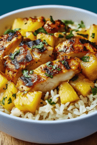 close-up of sauce coating chicken and pineapple