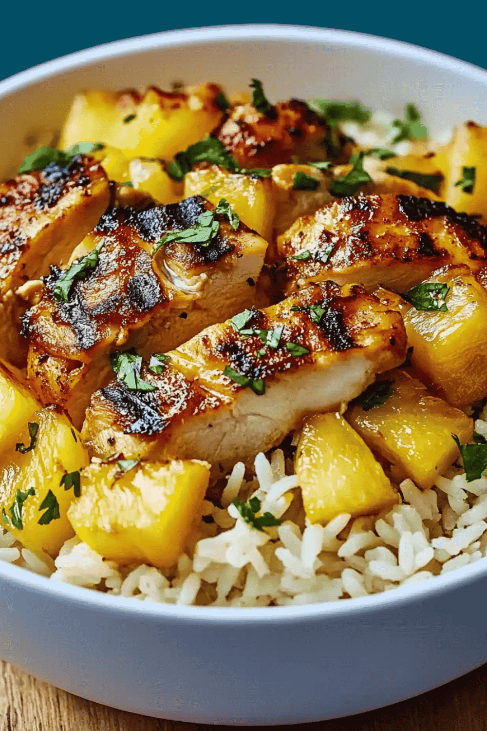 close-up of sauce coating chicken and pineapple