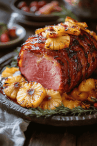 Close-up of spiral-sliced ham with caramelized pineapple and sticky glaze.