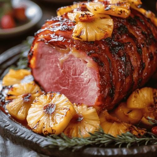 Close-up of spiral-sliced ham with caramelized pineapple and sticky glaze.