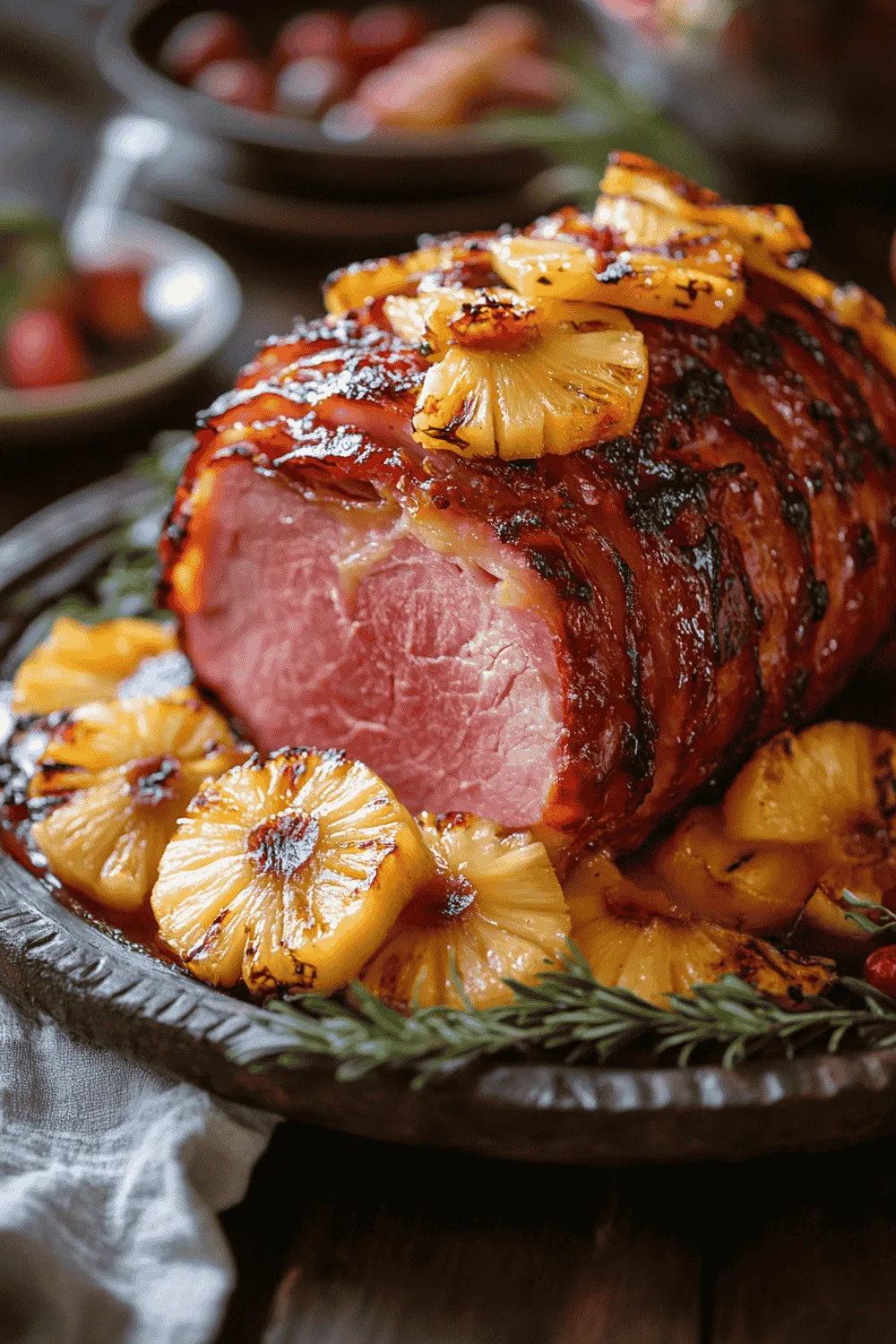 Close-up of spiral-sliced ham with caramelized pineapple and sticky glaze.
