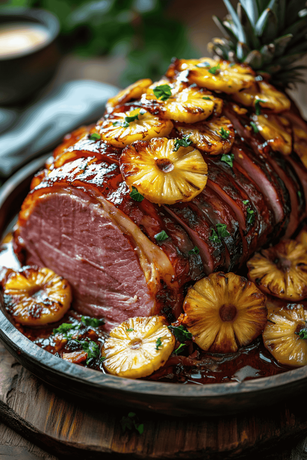 Roasted ham in the oven covered in bubbling pineapple-brown sugar glaze.