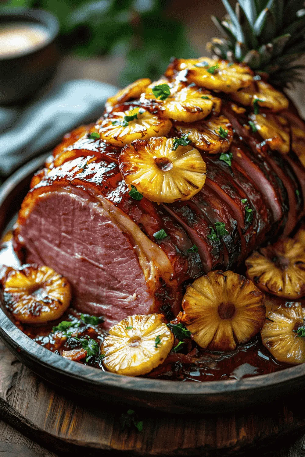 Roasted ham in the oven covered in bubbling pineapple-brown sugar glaze.