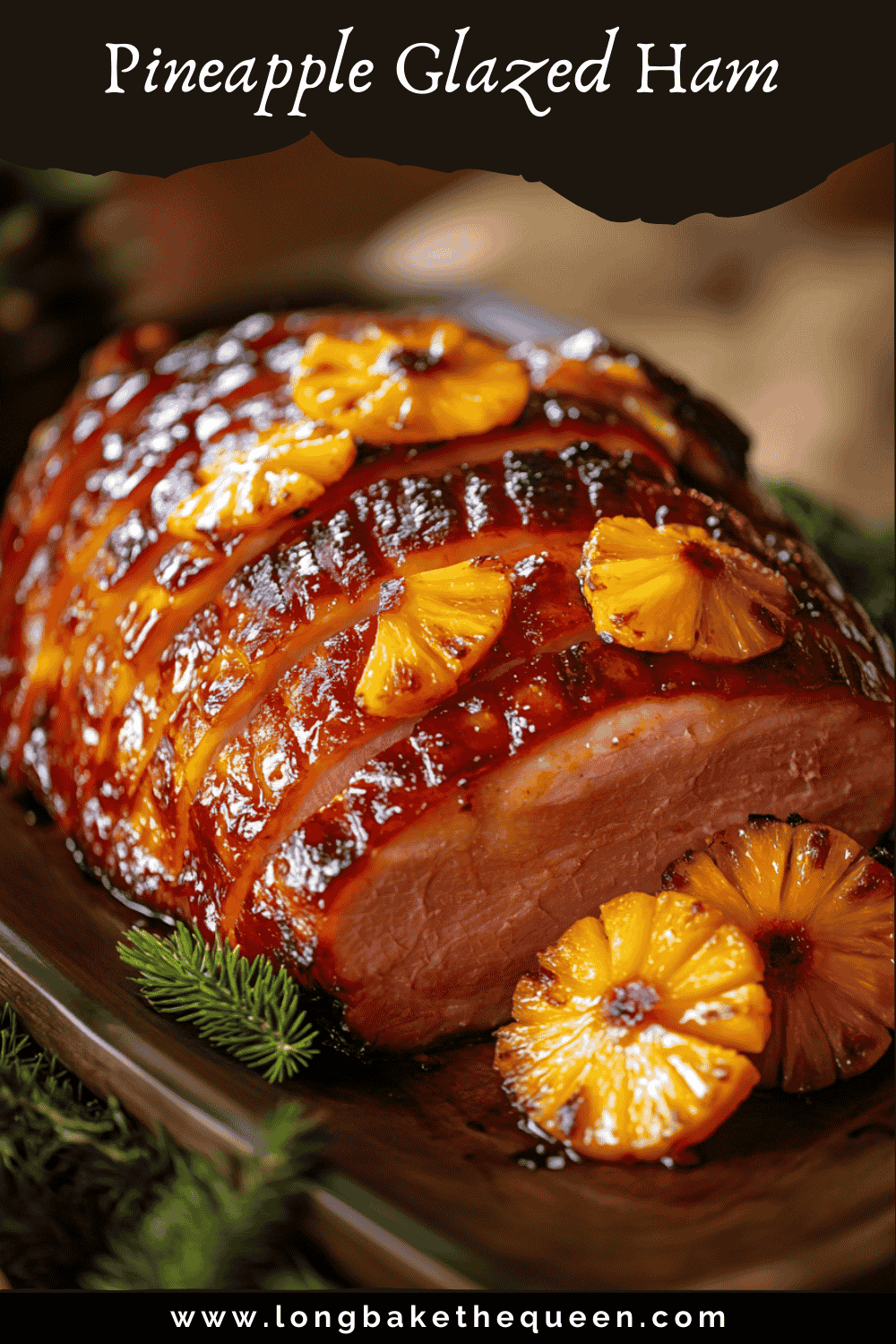 Whole pineapple-glazed ham decorated with pineapple slices and cherries on a serving platter.