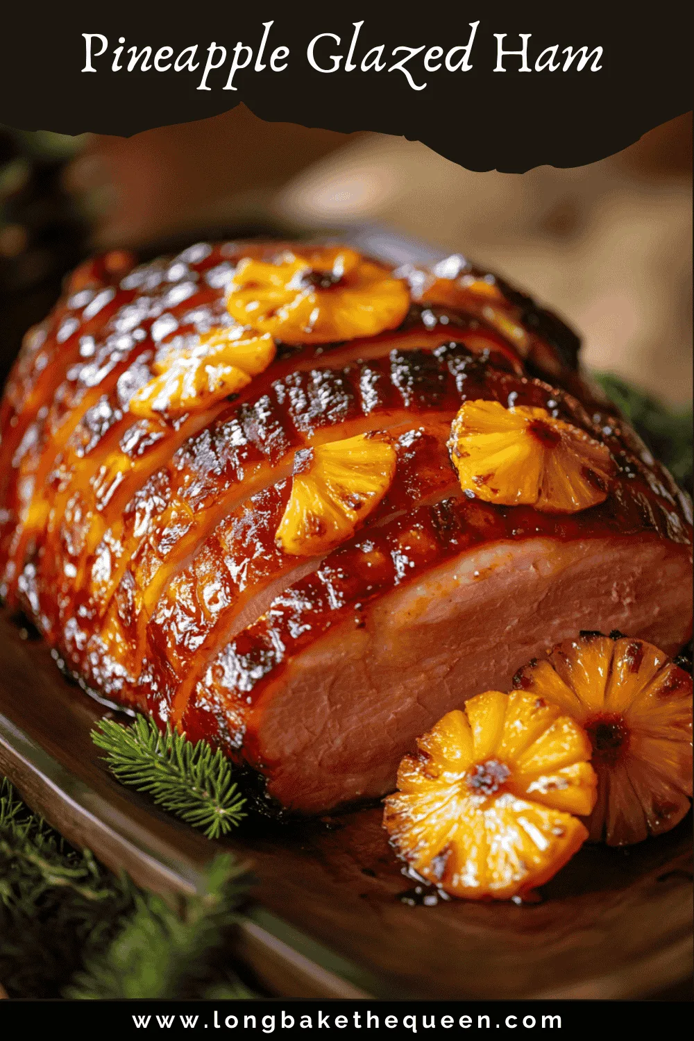 Whole pineapple-glazed ham decorated with pineapple slices and cherries on a serving platter.