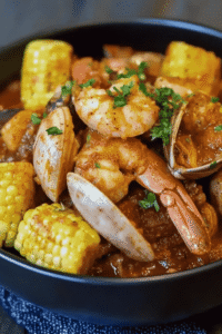 Cajun shrimp, corn, and potatoes with spicy butter sauce
