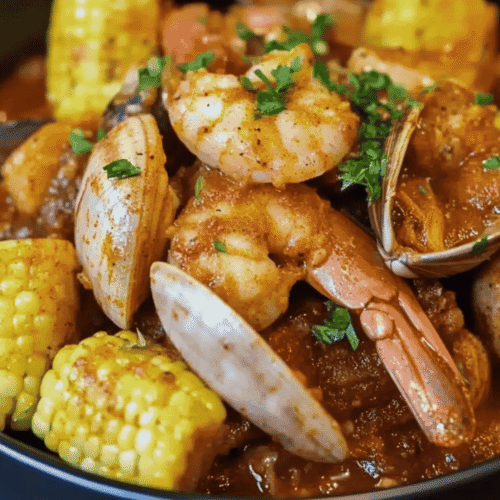 Cajun shrimp, corn, and potatoes with spicy butter sauce