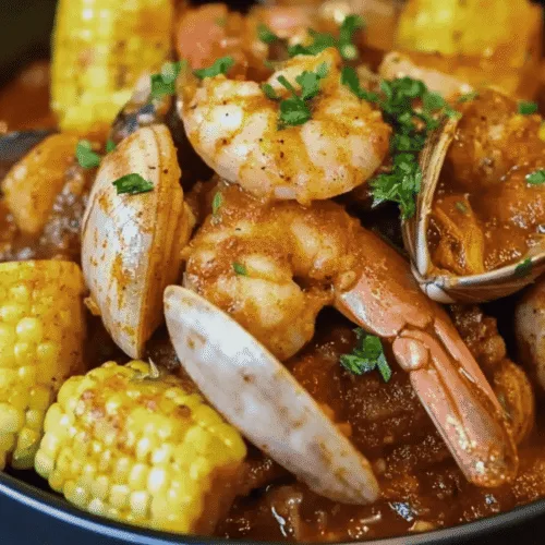 Cajun shrimp, corn, and potatoes with spicy butter sauce
