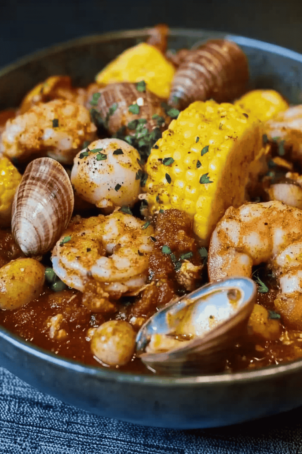 Overhead view of seafood boil garnished with parsley