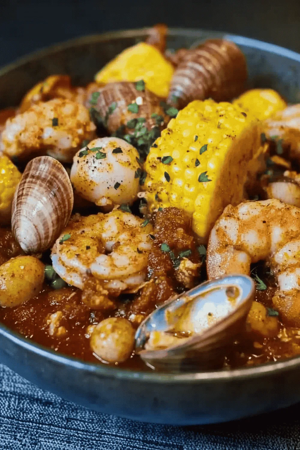 Overhead view of seafood boil garnished with parsley