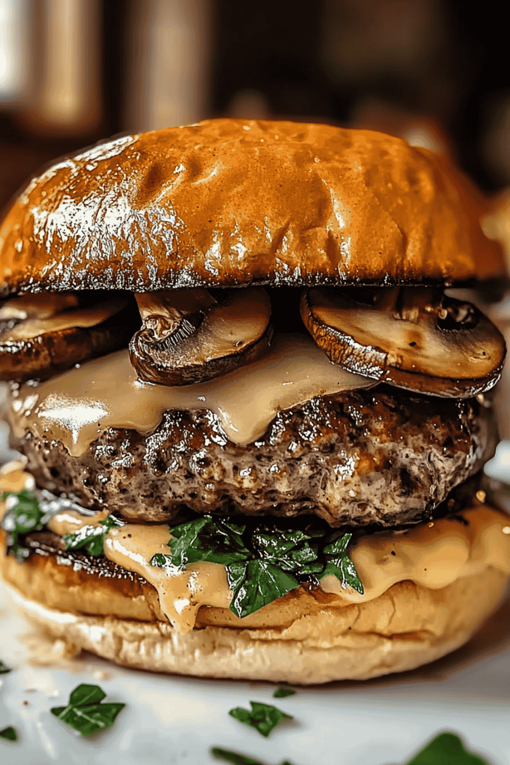 whiskey-glazed mushrooms topping the burger