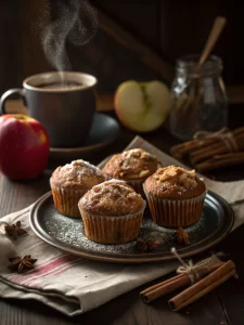 Apple cinnamon muffins served with coffee on a cozy table.