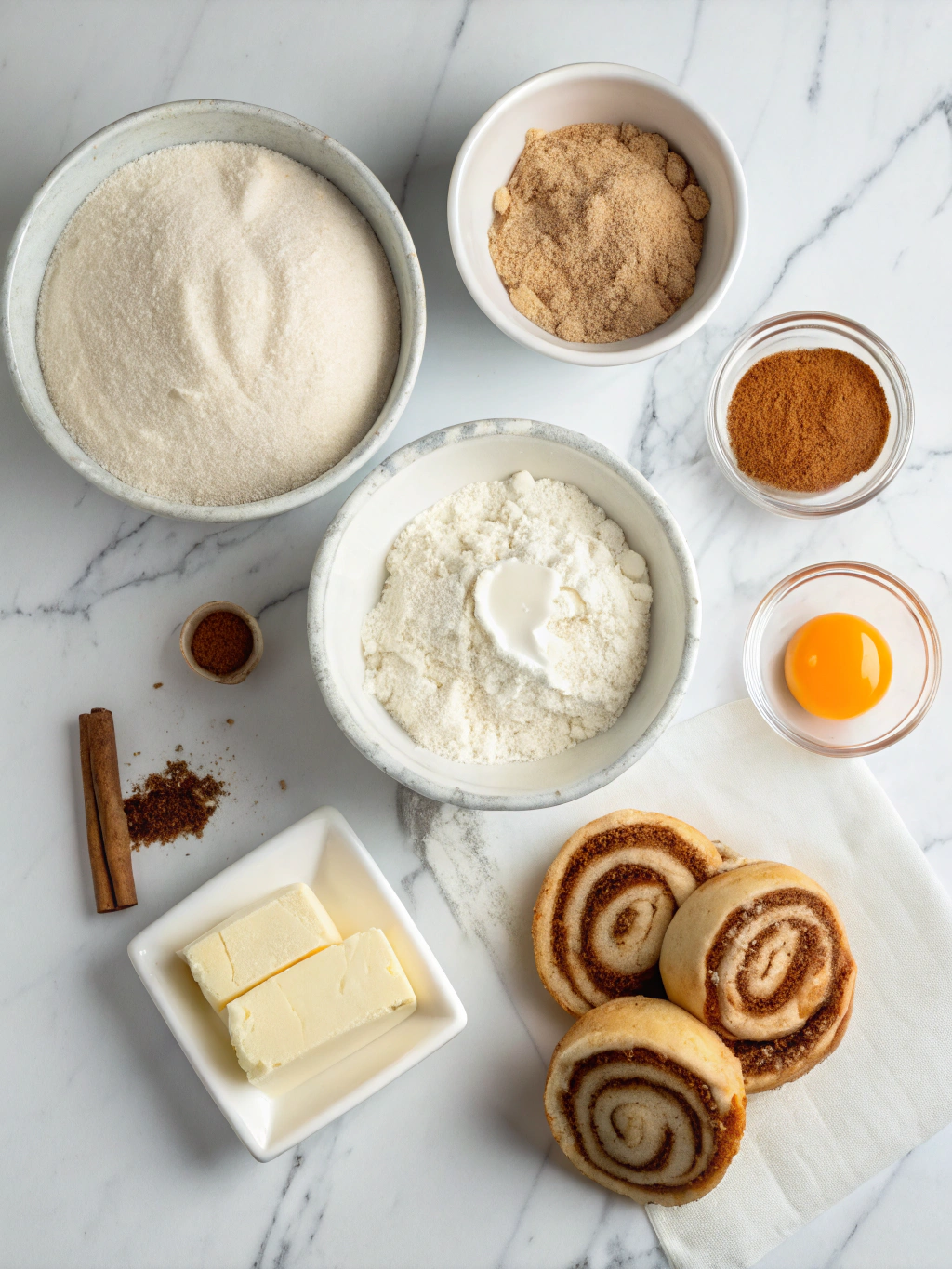 Cinnamon swirl bread ingredients arranged on marble board