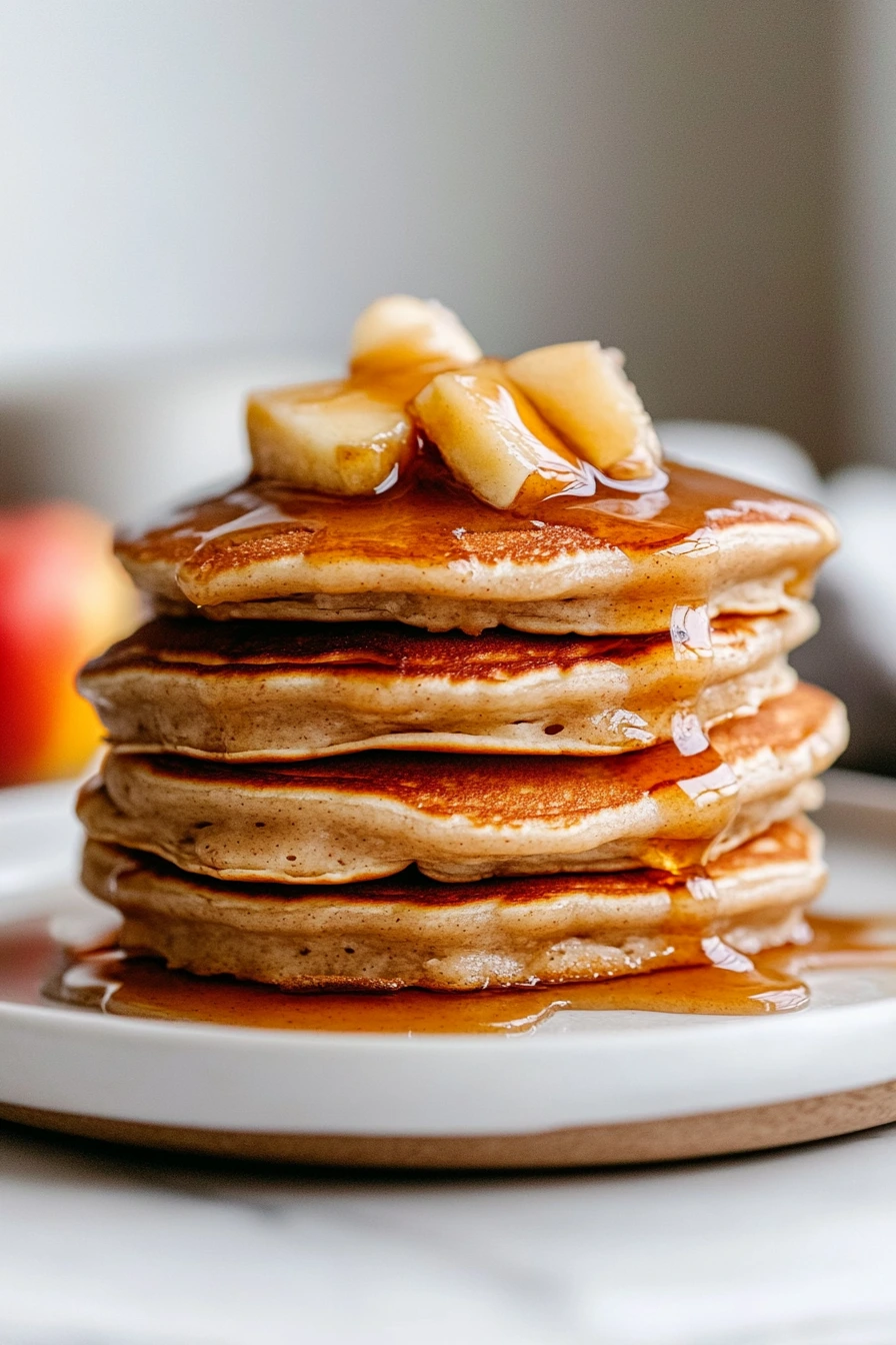 Warm apple butter pancakes served with syrup in a cozy setting.