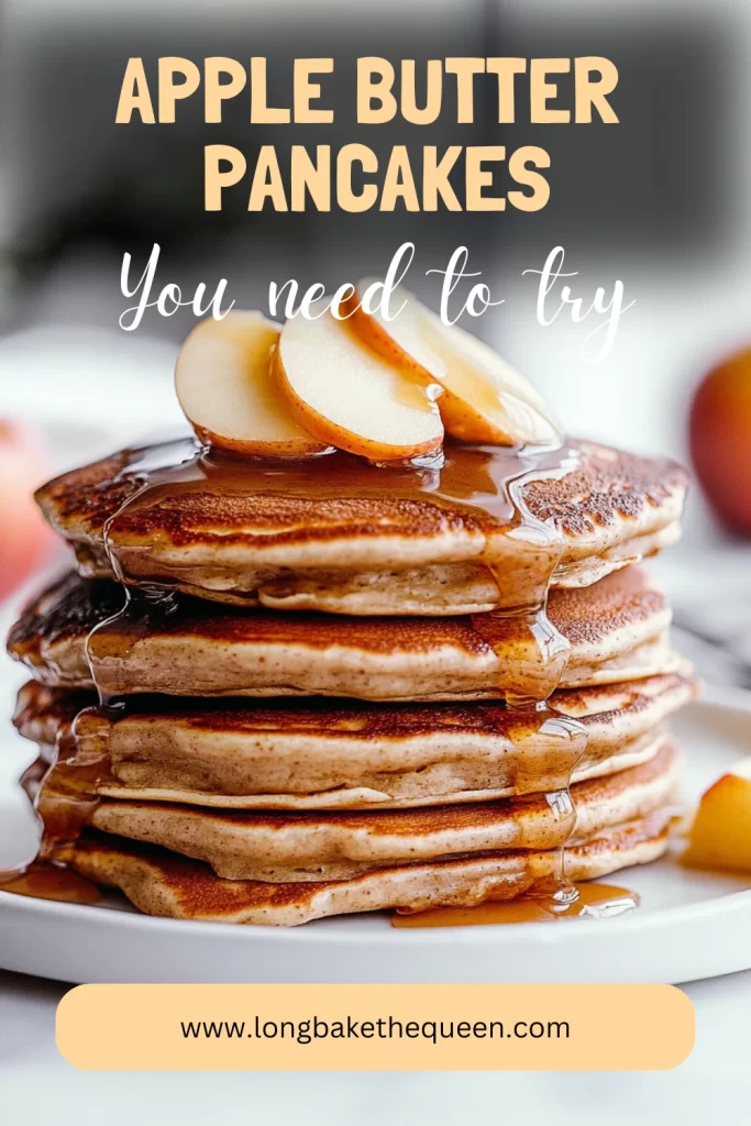 Stack of apple butter pancakes with drizzled syrup and butter on top.