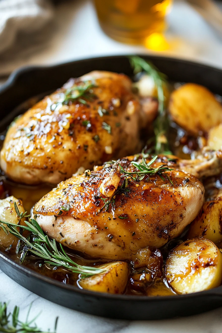 Plated apple cider chicken with herbs ready to serve