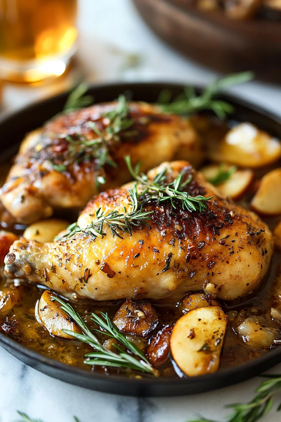 apple cider chicken ingredients on marble board