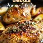 Overhead view of golden apple cider chicken served in pan