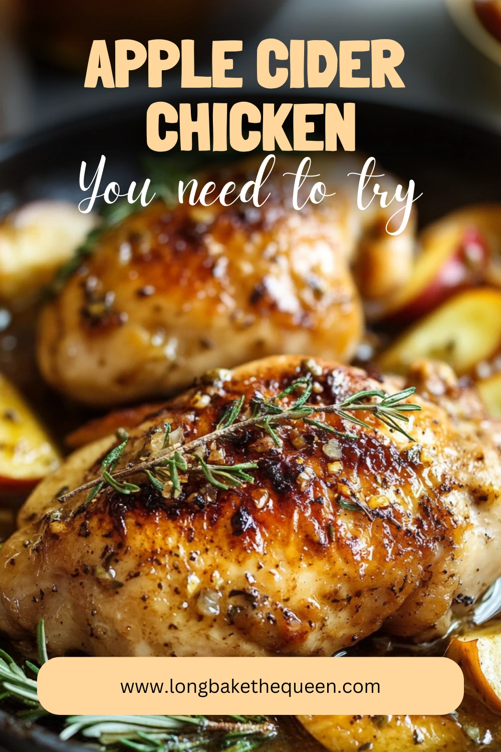Overhead view of golden apple cider chicken served in pan
