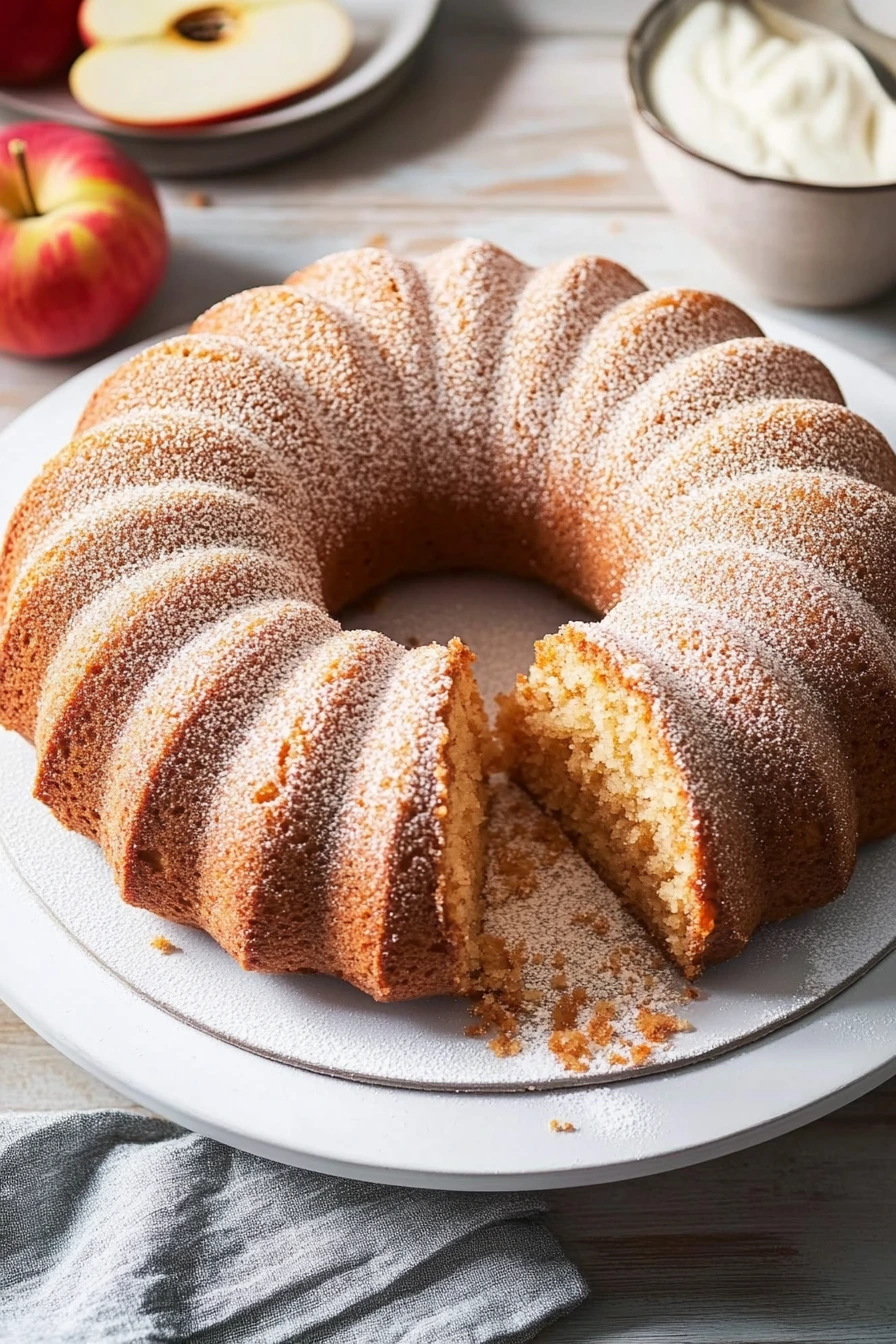 Slice of apple cider donut cake served on ceramic plate.