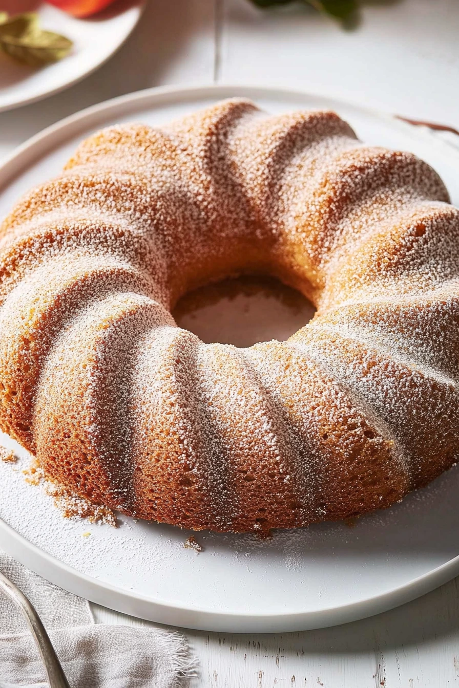 Apple cider donut cake on marble surface.