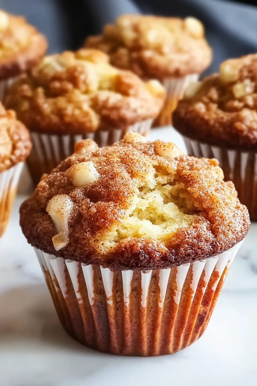 apple cinnamon muffins on white marble.