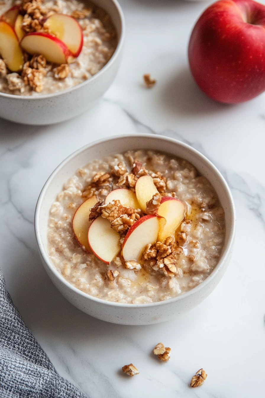 apple pie overnight oats on marble surface.