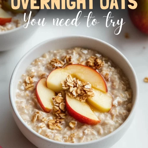 Creamy apple pie overnight oats topped with fresh apple slices.