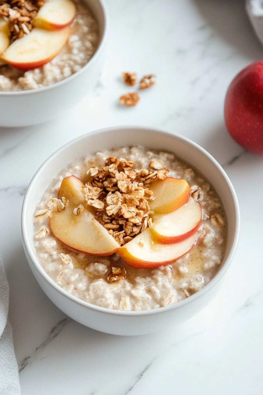 Bowl of apple pie overnight oats served with warm lighting.