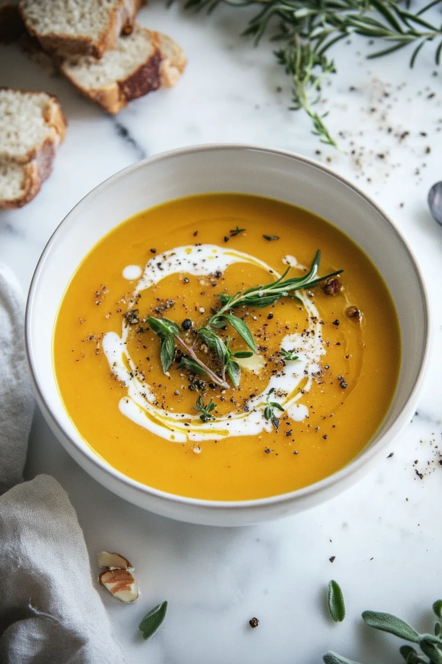 butternut squash soup laid flat on marble surface