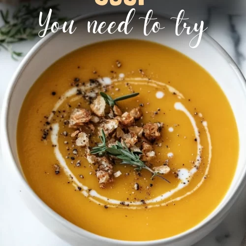 Creamy butternut squash soup bowl with garnish and spoon