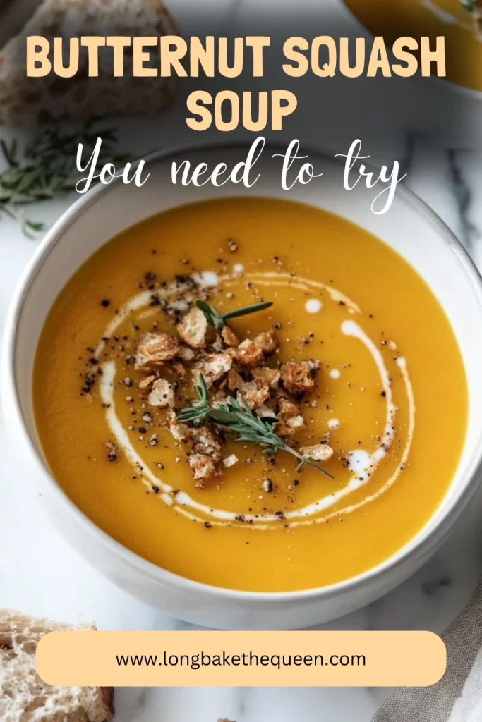 Creamy butternut squash soup bowl with garnish and spoon