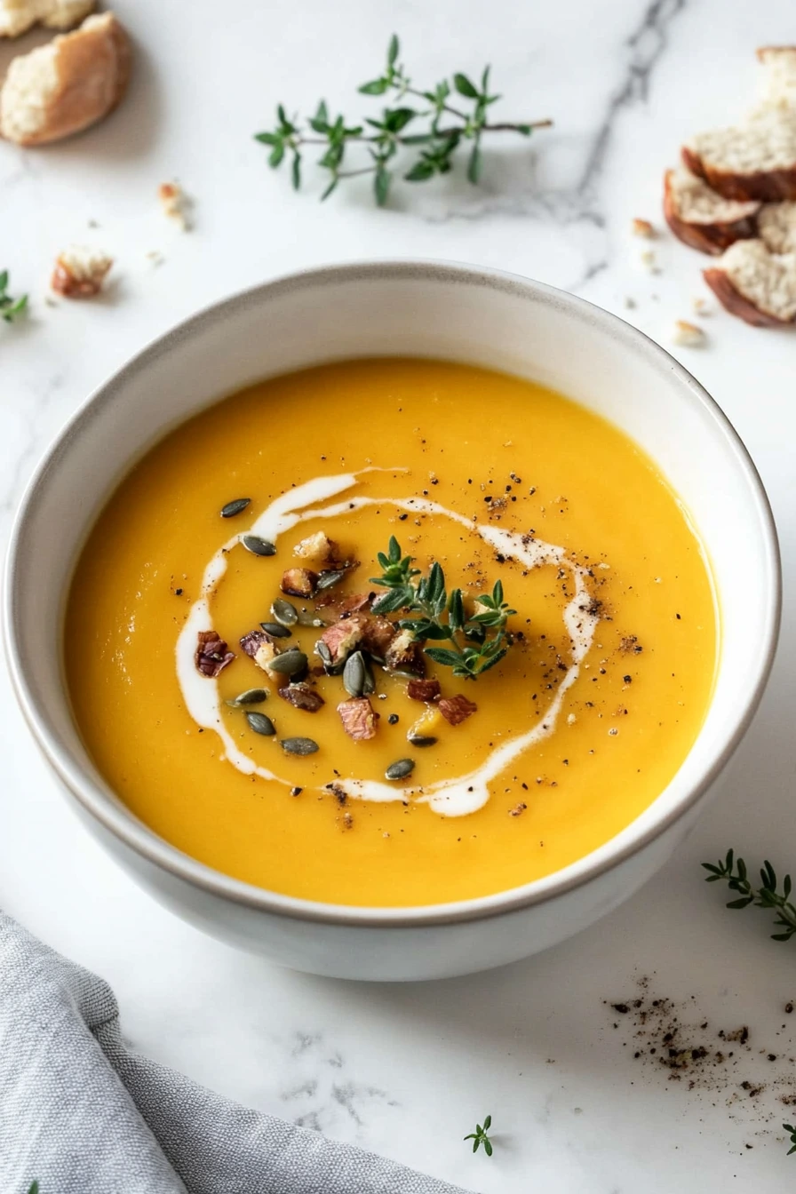 Bowl of butternut squash soup served with bread and herbs